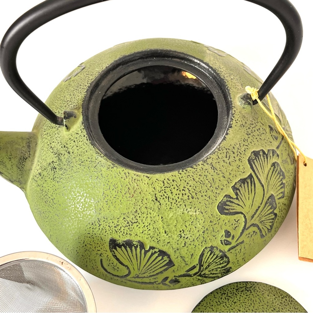 NWT Rikyu Japanese Green Cast Iron Teapot Kettle Gingko Leaf Design Infuser - Picture 6 of 11